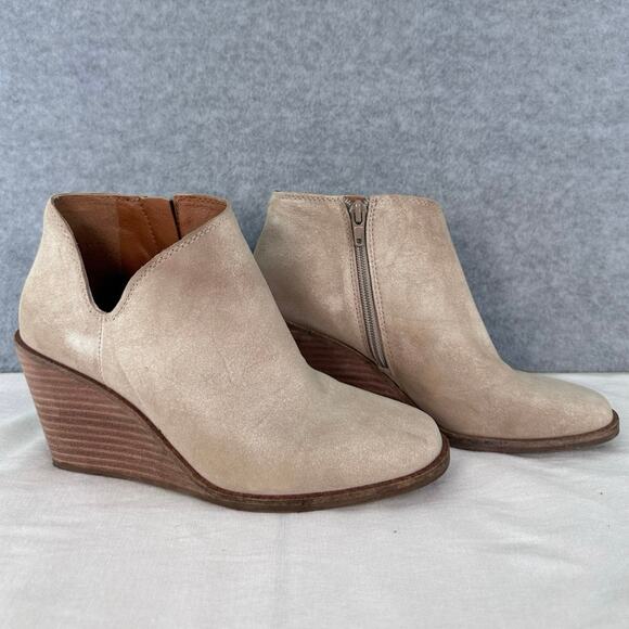Lucky Brand Woman’s sz 6 Melindi Wedge Bootie Camel Suede Leather Size Neutral - Picture 2 of 8